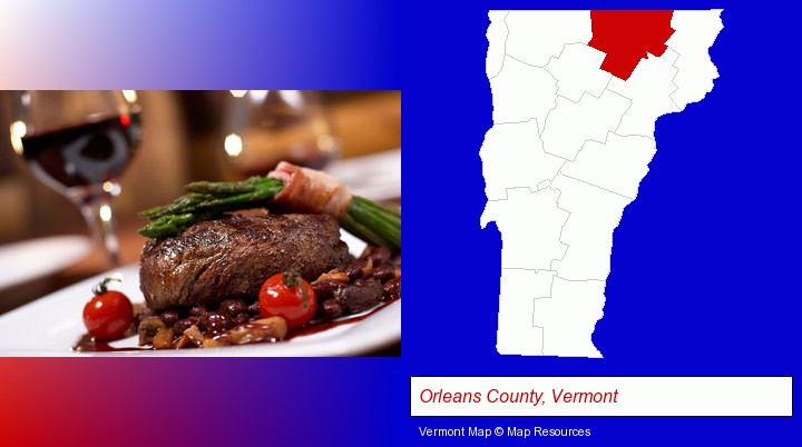 a steak dinner; Orleans County, Vermont highlighted in red on a map