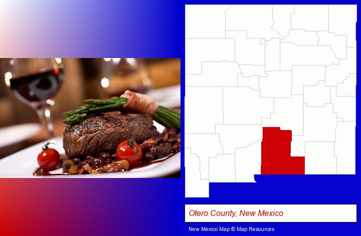 a steak dinner; Otero County, New Mexico highlighted in red on a map