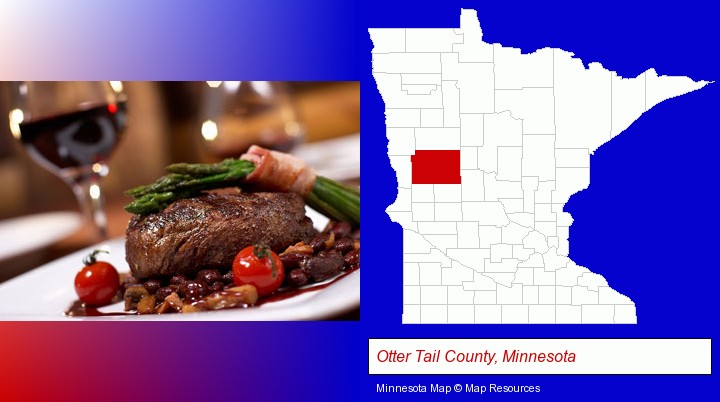 a steak dinner; Otter Tail County, Minnesota highlighted in red on a map