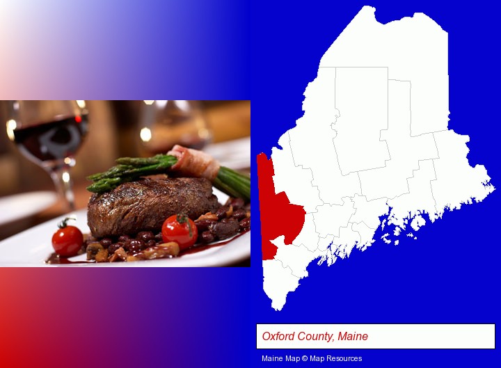 a steak dinner; Oxford County, Maine highlighted in red on a map