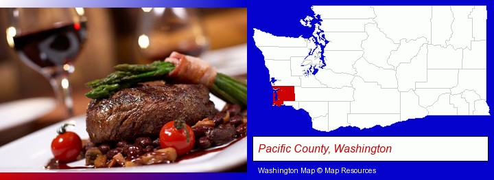 a steak dinner; Pacific County, Washington highlighted in red on a map