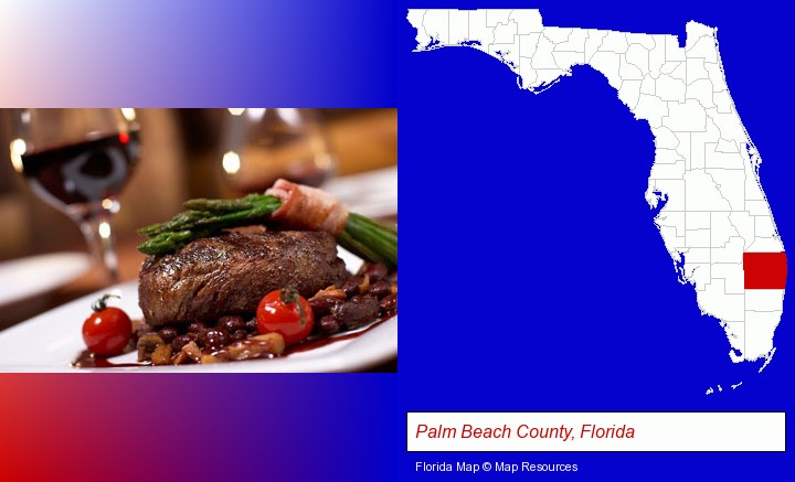 a steak dinner; Palm Beach County, Florida highlighted in red on a map