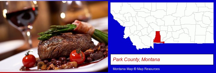 a steak dinner; Park County, Montana highlighted in red on a map