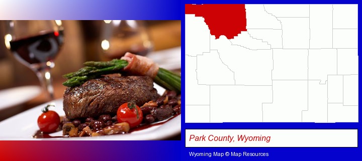 a steak dinner; Park County, Wyoming highlighted in red on a map