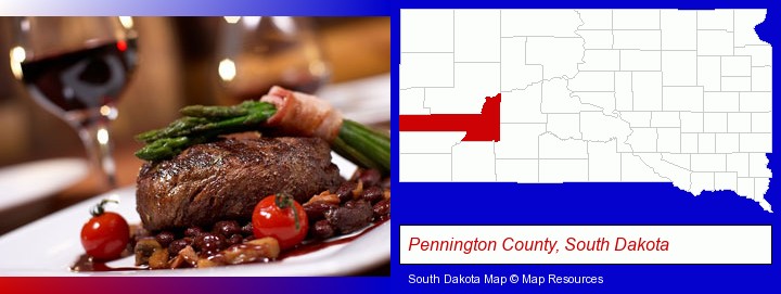 a steak dinner; Pennington County, South Dakota highlighted in red on a map