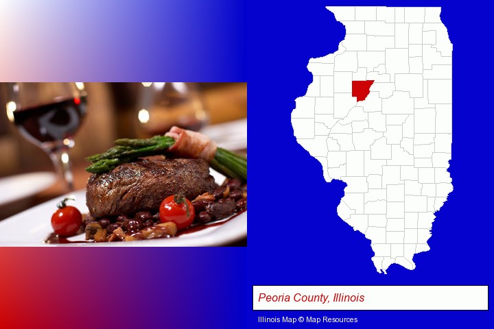 a steak dinner; Peoria County, Illinois highlighted in red on a map