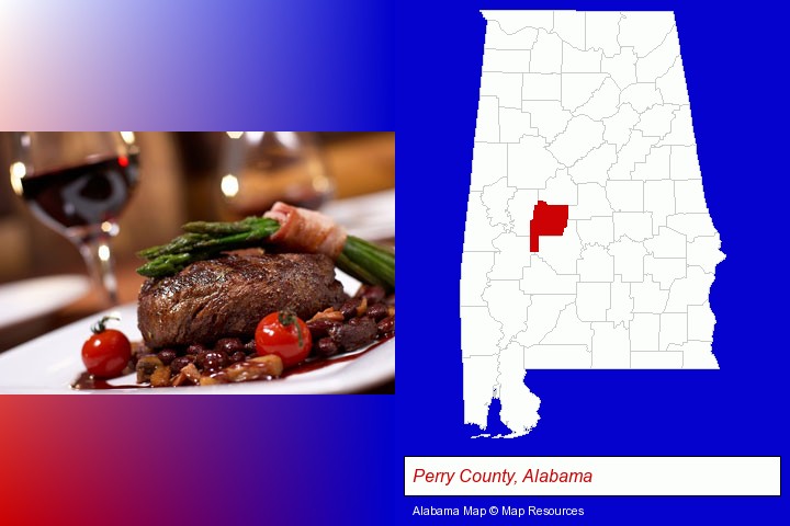 a steak dinner; Perry County, Alabama highlighted in red on a map