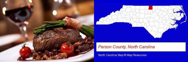 a steak dinner; Person County, North Carolina highlighted in red on a map
