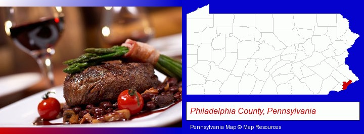 a steak dinner; Philadelphia County, Pennsylvania highlighted in red on a map