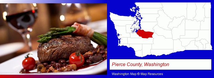 a steak dinner; Pierce County, Washington highlighted in red on a map