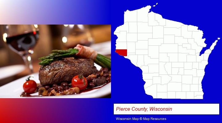 a steak dinner; Pierce County, Wisconsin highlighted in red on a map