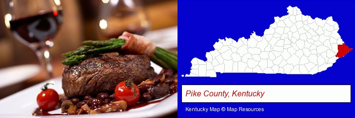 a steak dinner; Pike County, Kentucky highlighted in red on a map