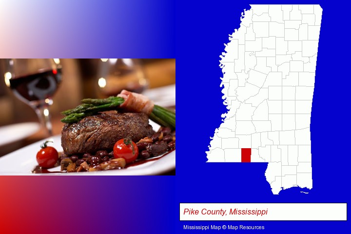 a steak dinner; Pike County, Mississippi highlighted in red on a map