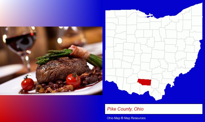a steak dinner; Pike County, Ohio highlighted in red on a map