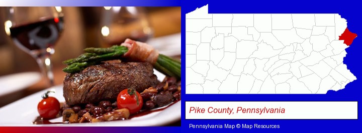 a steak dinner; Pike County, Pennsylvania highlighted in red on a map