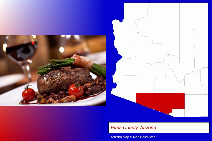 a steak dinner; Pima County, Arizona highlighted in red on a map