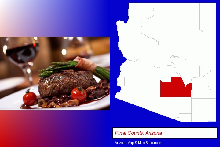 a steak dinner; Pinal County, Arizona highlighted in red on a map