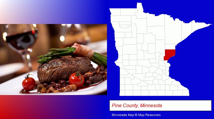 a steak dinner; Pine County, Minnesota highlighted in red on a map