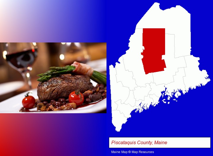 a steak dinner; Piscataquis County, Maine highlighted in red on a map