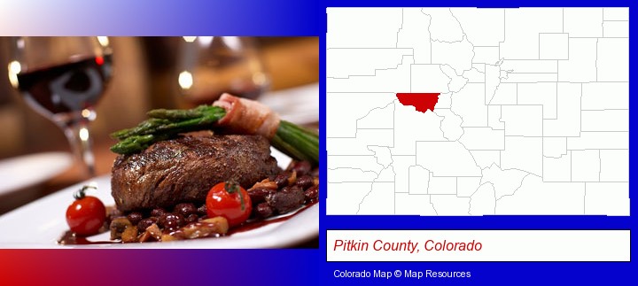 a steak dinner; Pitkin County, Colorado highlighted in red on a map