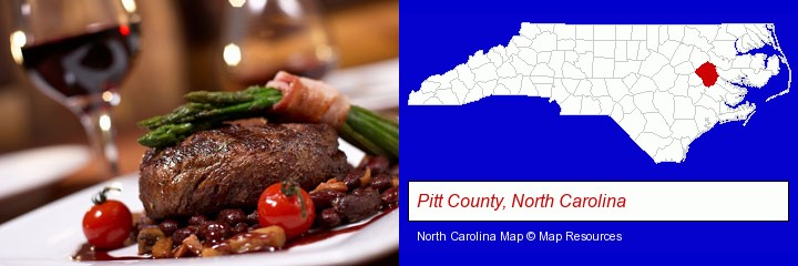 a steak dinner; Pitt County, North Carolina highlighted in red on a map