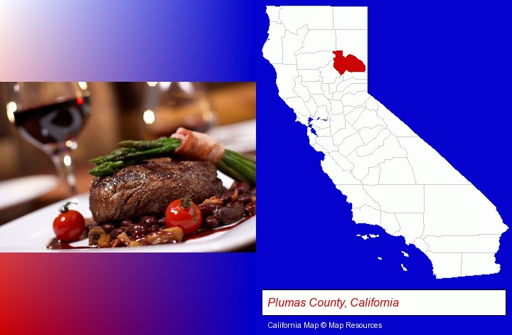 a steak dinner; Plumas County, California highlighted in red on a map
