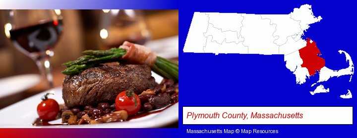 a steak dinner; Plymouth County, Massachusetts highlighted in red on a map
