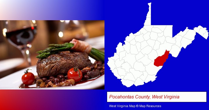 a steak dinner; Pocahontas County, West Virginia highlighted in red on a map