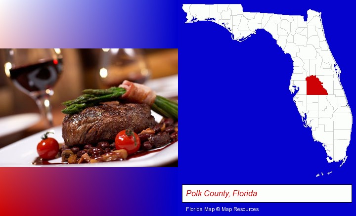 a steak dinner; Polk County, Florida highlighted in red on a map