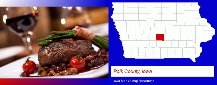 a steak dinner; Polk County, Iowa highlighted in red on a map