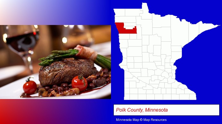 a steak dinner; Polk County, Minnesota highlighted in red on a map