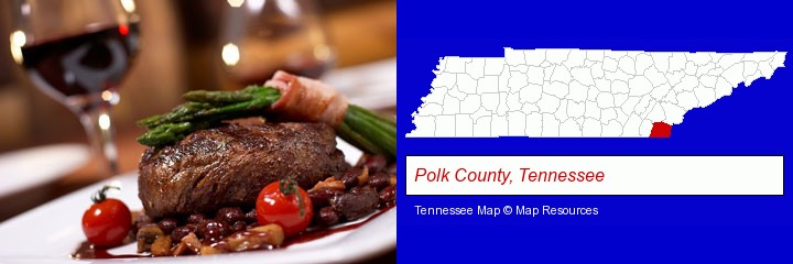 a steak dinner; Polk County, Tennessee highlighted in red on a map