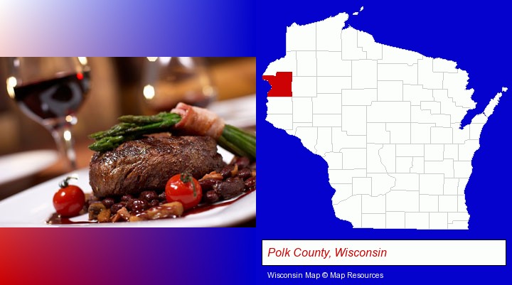 a steak dinner; Polk County, Wisconsin highlighted in red on a map