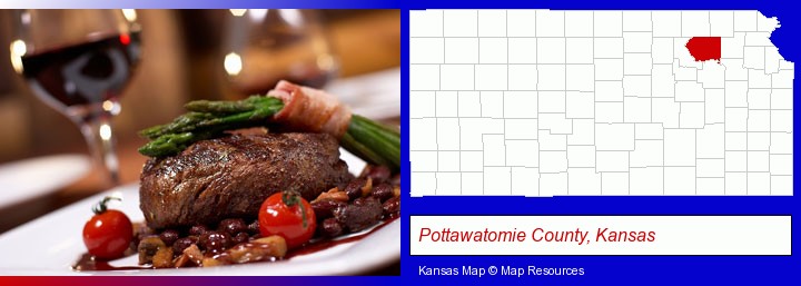 a steak dinner; Pottawatomie County, Kansas highlighted in red on a map