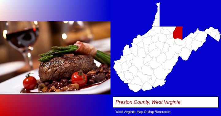 a steak dinner; Preston County, West Virginia highlighted in red on a map