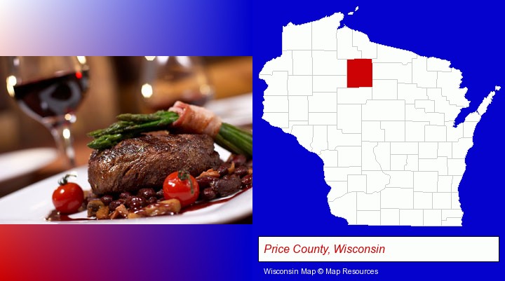 a steak dinner; Price County, Wisconsin highlighted in red on a map