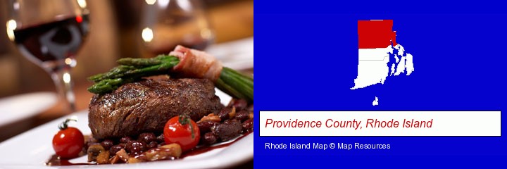 a steak dinner; Providence County, Rhode Island highlighted in red on a map
