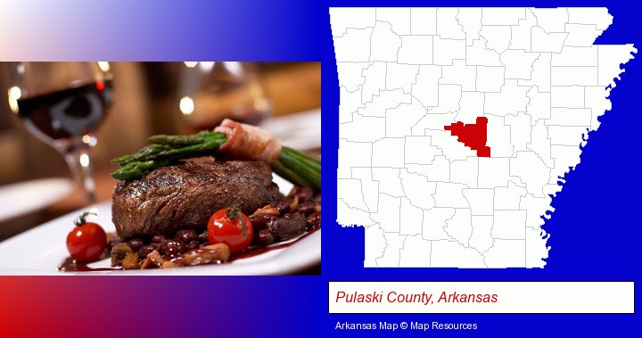 a steak dinner; Pulaski County, Arkansas highlighted in red on a map