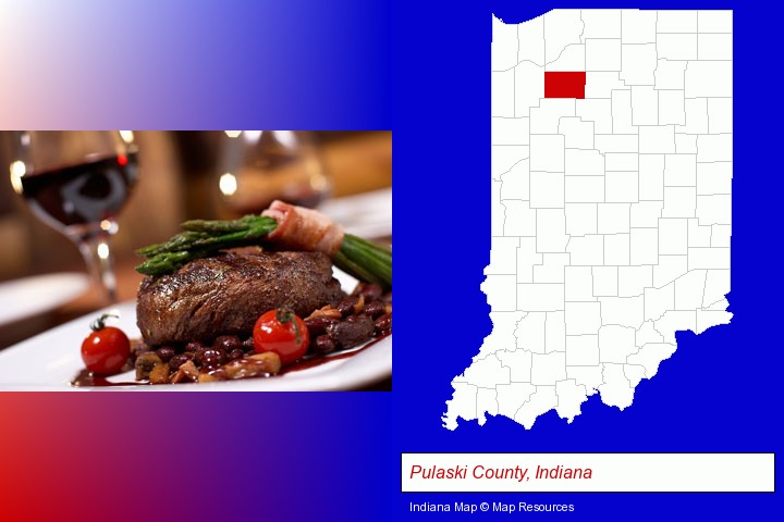 a steak dinner; Pulaski County, Indiana highlighted in red on a map