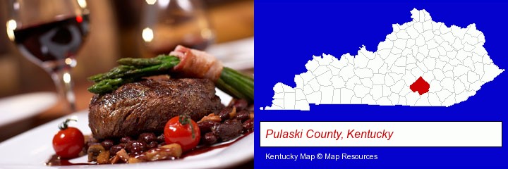 a steak dinner; Pulaski County, Kentucky highlighted in red on a map