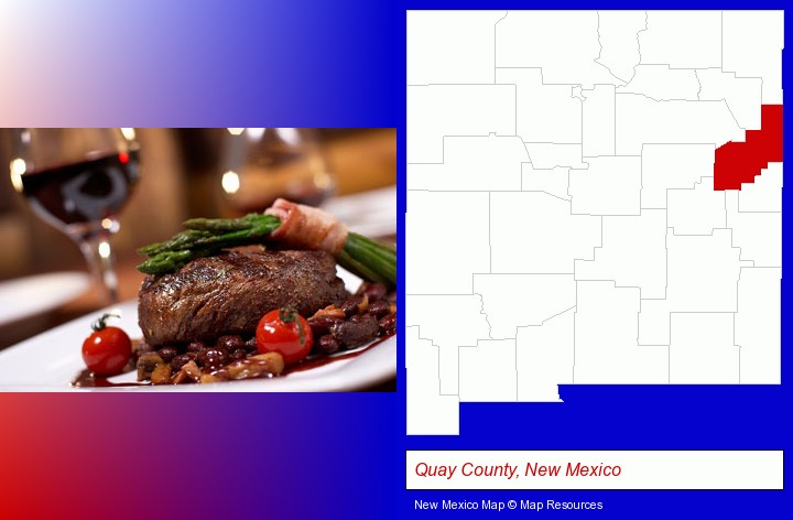 a steak dinner; Quay County, New Mexico highlighted in red on a map