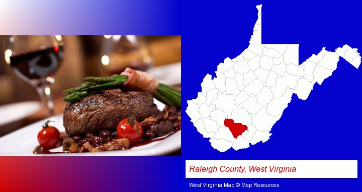 a steak dinner; Raleigh County, West Virginia highlighted in red on a map