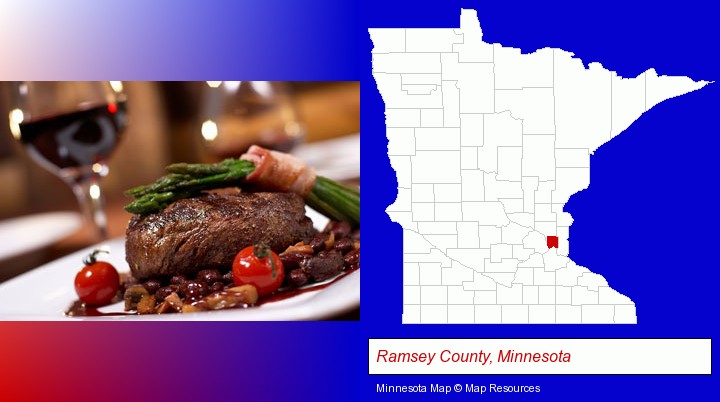 a steak dinner; Ramsey County, Minnesota highlighted in red on a map
