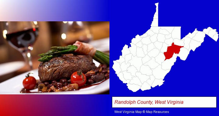 a steak dinner; Randolph County, West Virginia highlighted in red on a map