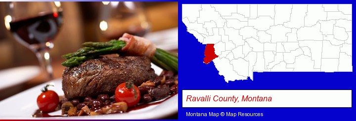 a steak dinner; Ravalli County, Montana highlighted in red on a map