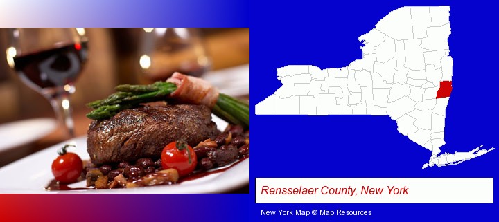 a steak dinner; Rensselaer County, New York highlighted in red on a map
