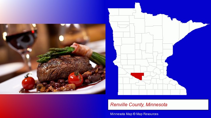 a steak dinner; Renville County, Minnesota highlighted in red on a map