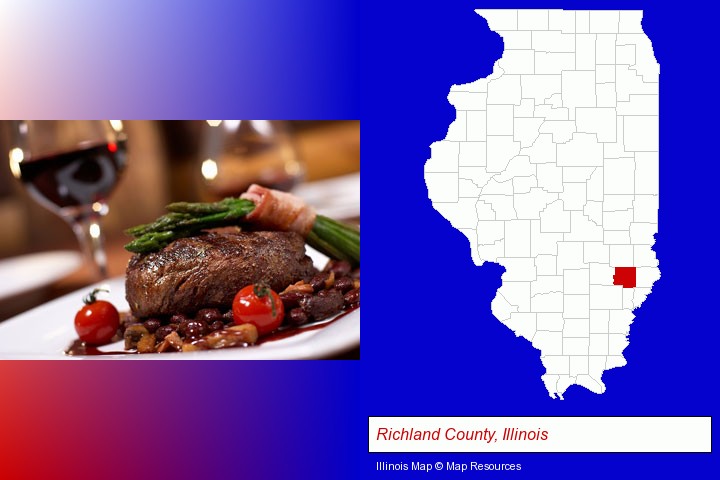 a steak dinner; Richland County, Illinois highlighted in red on a map