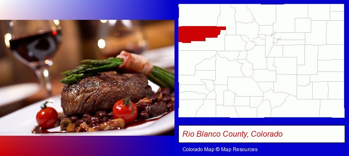 a steak dinner; Rio Blanco County, Colorado highlighted in red on a map
