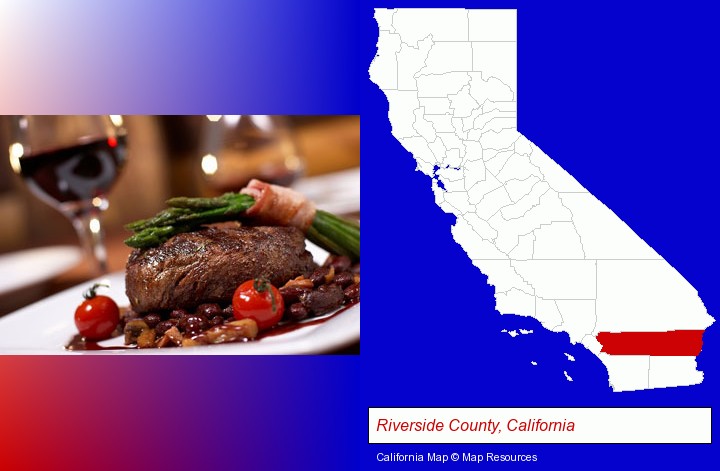 a steak dinner; Riverside County, California highlighted in red on a map